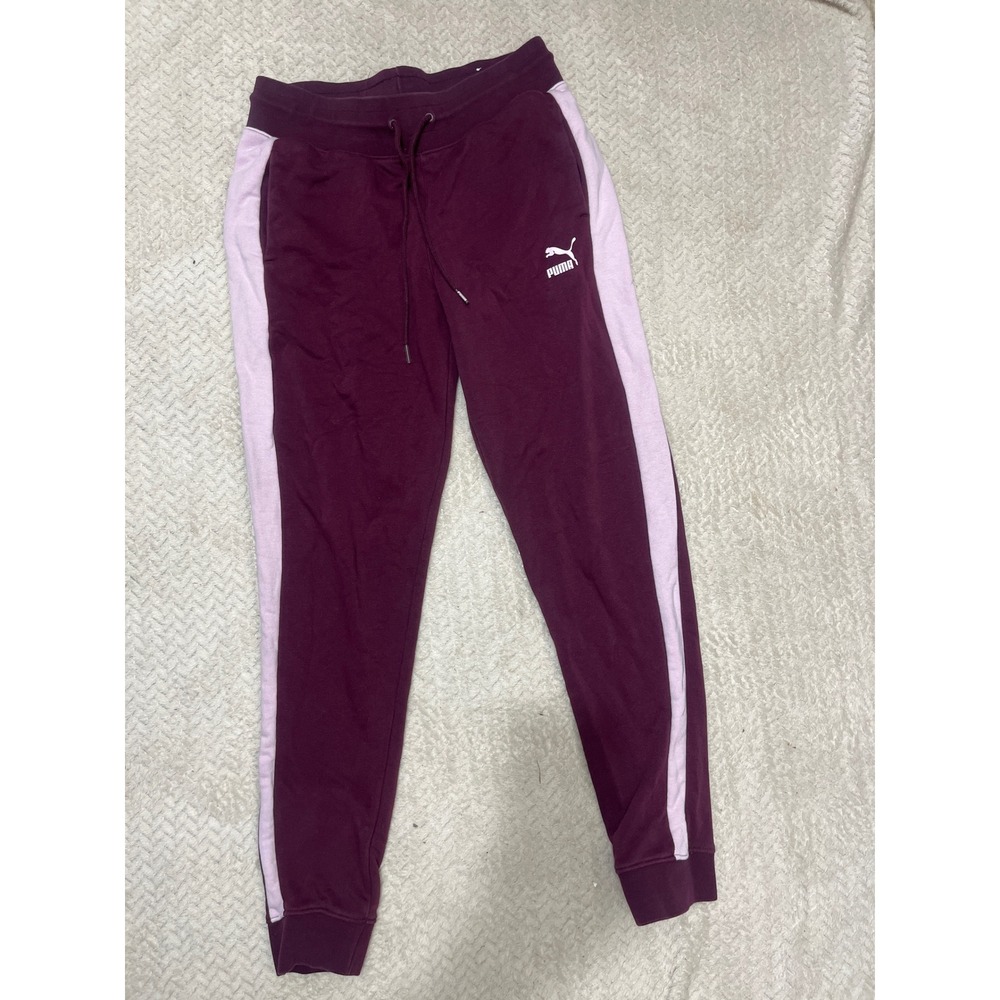 Puma Womens T7 Track Pants Burgundy Pink Side Stripe Joggers Size Medium